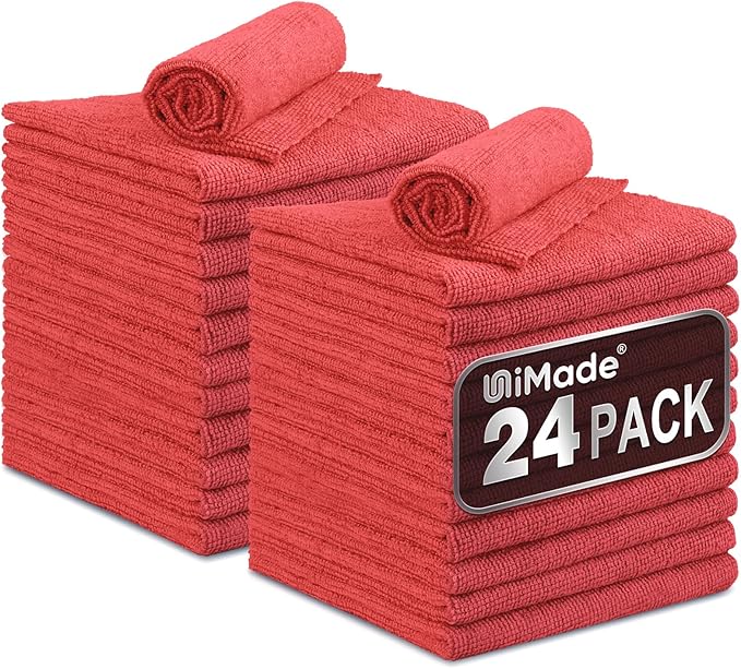 Shop Towels, 24 Pack Commercial Grade Shops Rags Microfiber Towel for Cars Cleaning Rags Bulk Clean Cloth for Automotive Bar Mechanic Restaurant Garage Housekeeping, 11.5"x 11.5", Red