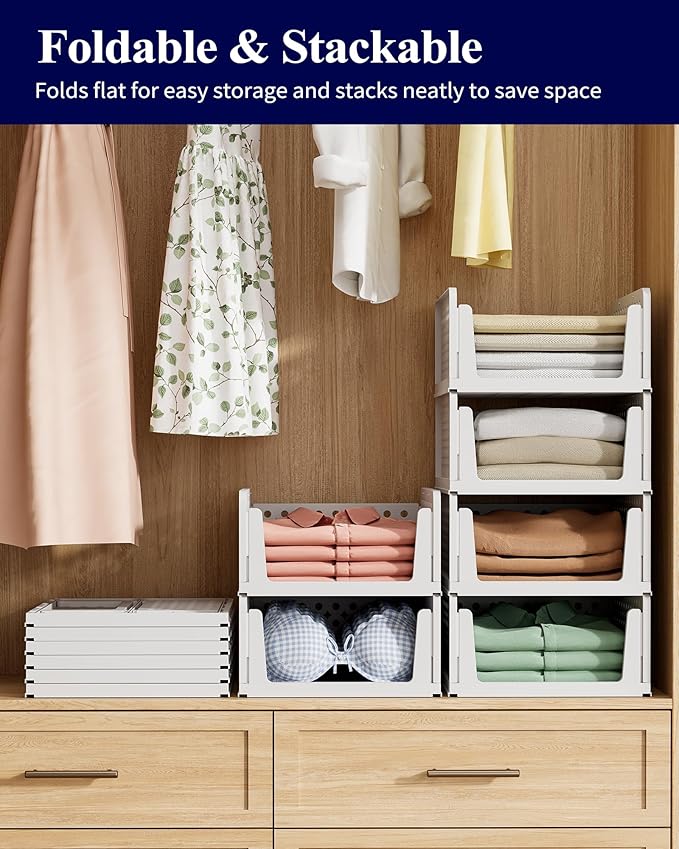 Kitsure 5-Pack Closet Organizers & Storage - Stackable Foldable Plastic Storage Drawers,Space-Saving Multi-Purpose Closet Storage Containers for Wardrobe, Bedroom or Laundry Room 16.7" x 12.9" x 6.6"