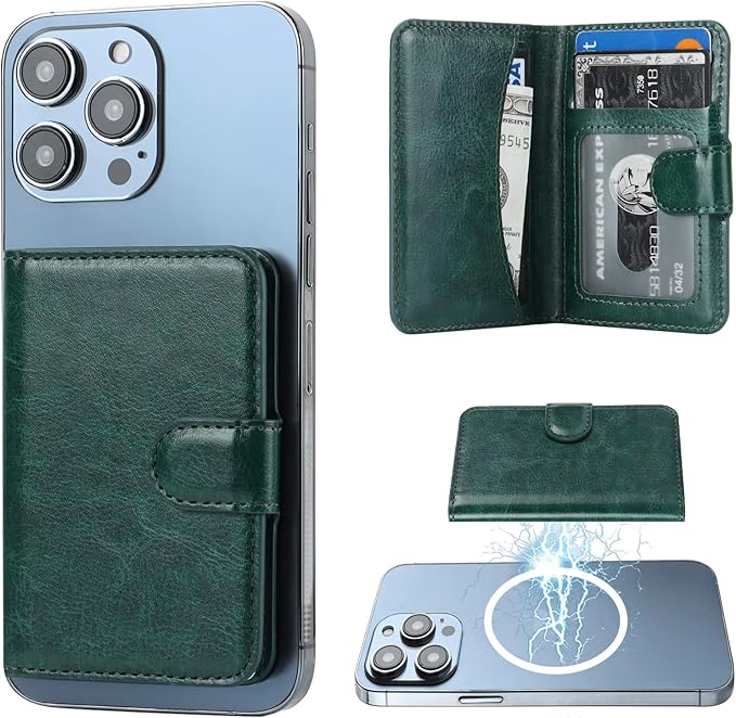 Bocasal for MagSafe Wallet Magnetic Card Holder, RFID Blocking Leather Card Slots for iPhone 17/16/15/14/13/12 Pro/Max/Plus/Air, Adjustable Kickstand Flip Mag Safe Wallet (Dark Green)