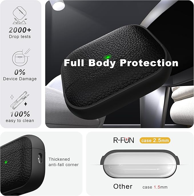 R-fun for AirPods Pro 3 Case 2025, Soft TPU (Leather-Like Design) Drop Protection Cover for Men and Women with Lanyard and Cleaner Kit, Compatible with Apple AirPods Pro 3rd Generation-Black