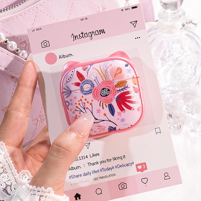 for AirPods 4 Case with Cleaning Kit, Cute Cat Ear Print Design & Cute Buckle, Inverted Phone Holder Design, Top Safe Lock Buckle Design, for Girls AirPods 4 case 2024, Pink Flower