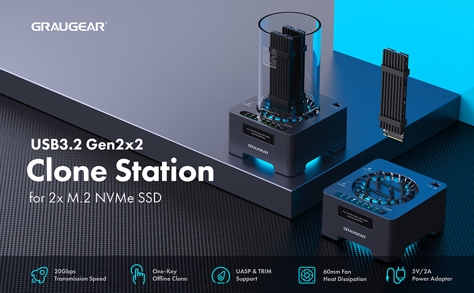 GRAUGEAR NVMe M.2 SSD Duplicator Dual-Bay Offline Clone Tool-Free, 20Gbps USB C to M.2 SSD Drive Cloner Docking Station Adapter Enclosure for M2 SSD Hard Drives M-Key