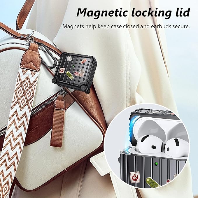 Filoto Compatible with Airpods 4 Case, Cute Fashion Suitcase Design for Airpods 4th Generation Case Cover, Shockproof Protective Hard Case with Keychain/Cleaner Kit (Black, Airpods 4 Case)
