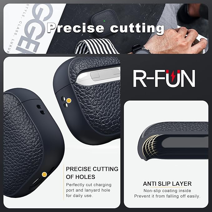 R-fun for Airpods 4 Case, Soft TPU (Leather-Like Design) Drop Protection Cover for Men and Women with Lanyard and Cleaner Kit, Compatible with Apple Latest Airpods 4th Gen(USB-C)(2024)-Blue