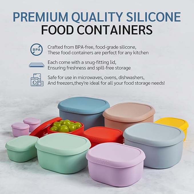 ISSEVE 12Pcs/Set Nesting Silicone Food Storage Containers with Lids, BPA Free Reusable Meal Prep Silicone Containers Airtight, Freezer Dishwasher Safe (33.8oz, 20oz, 10oz, 6.7oz, 1.3oz) (Purple)