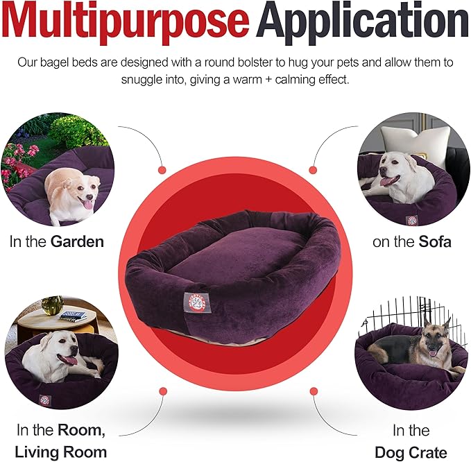 Majestic Pet 32 Inch Micro Velvet Calming Dog Bed Washable – Cozy Soft Round Dog Bed with Spine for Head Support - Fluffy Donut Puppy Mat 32x23x7 (inch) Medium – Aubergine (2025)