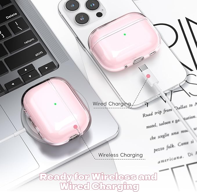 for Airpods Pro 2 Case Cover, Compatible with Airpods Pro Case 2nd Gen USB C Charging Port, Clear Soft Transparent Military Grade Shockproof Case, Clear Pink