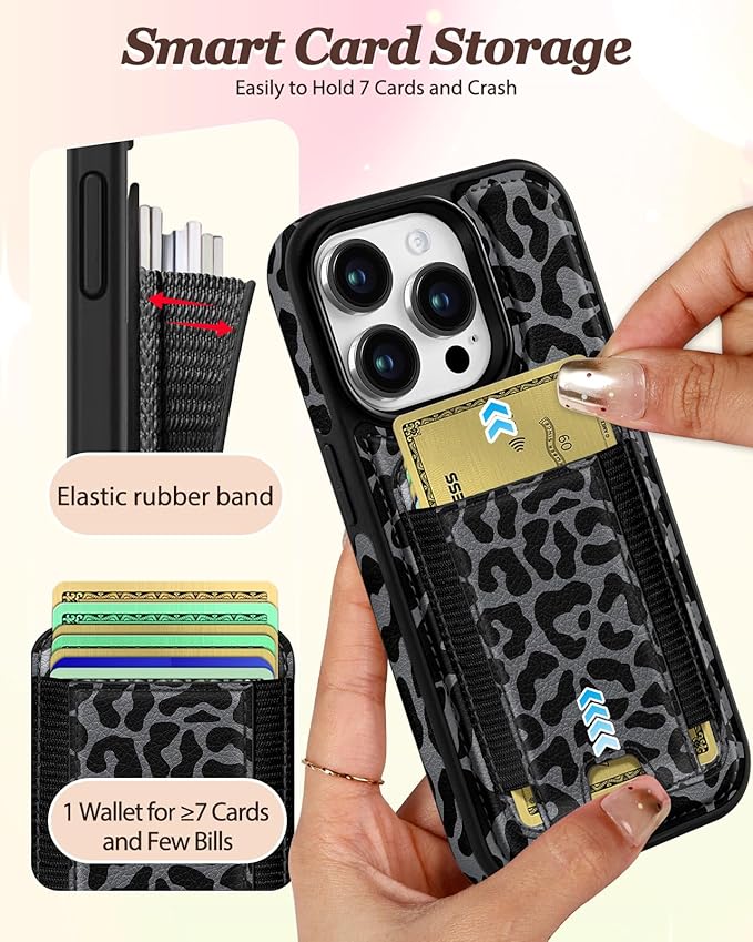 Shorogyt for iPhone 15 Pro Wallet Case - Fits 5 Cards, Compatible with Magsafe Detachable Magnetic Credit Card Holder Leather Cardholder Cute Phone Cover Women Girls for Apple 15Pro, Leopard