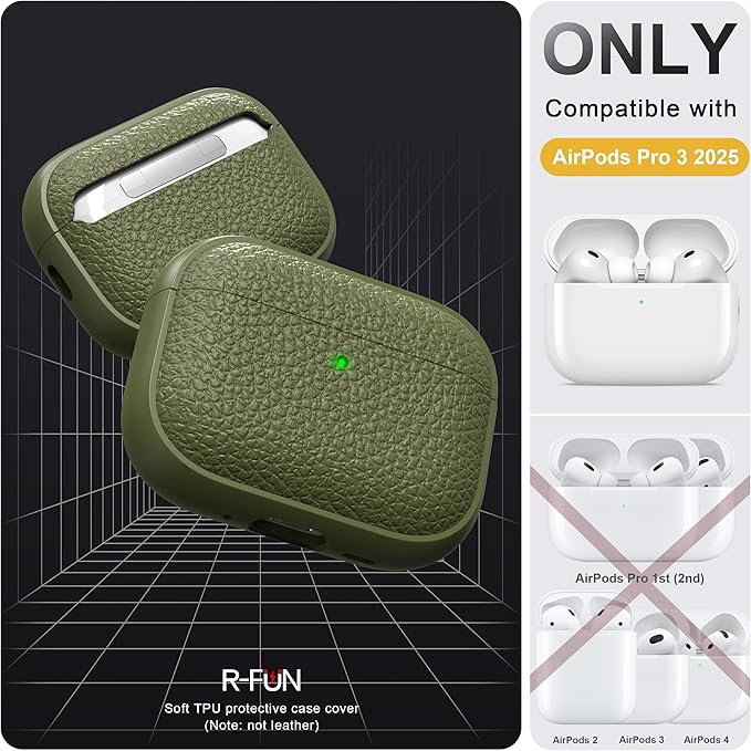 R-fun for AirPods Pro 3 Case 2025, Soft TPU (Leather-Like Design) Drop Protection Cover for Men and Women with Lanyard and Cleaner Kit, Compatible with Apple AirPods Pro 3rd Generation-Army Green