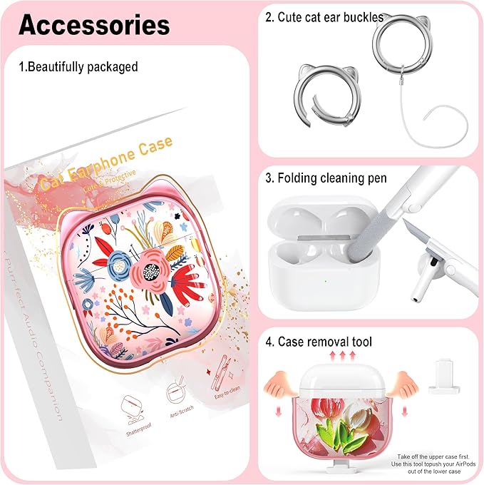 RFUNGUANGO AirPods 4 Case for Women Girly Cat Case with Lock, Phone Stand, Keychain & Cleaner Kit, Compatible with Apple Airpods 4th Generation Case Cover, Pink Tulip