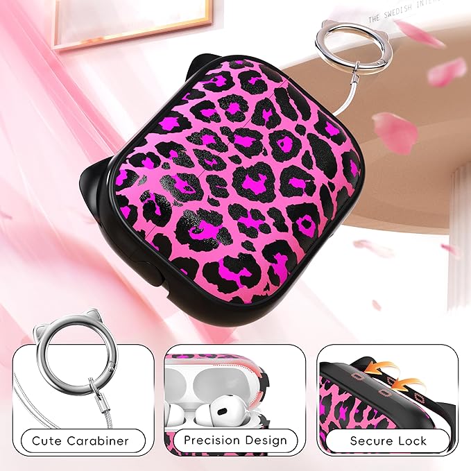 for AirPods Pro 2 Case with Cleaning Kit, Cute Cat Ear Print Design & Cute Buckle for Girls, Phone Holder & Top Safe Lock Buckle Design for AirPods Pro 2nd/1st Gen case, Rose Leopard