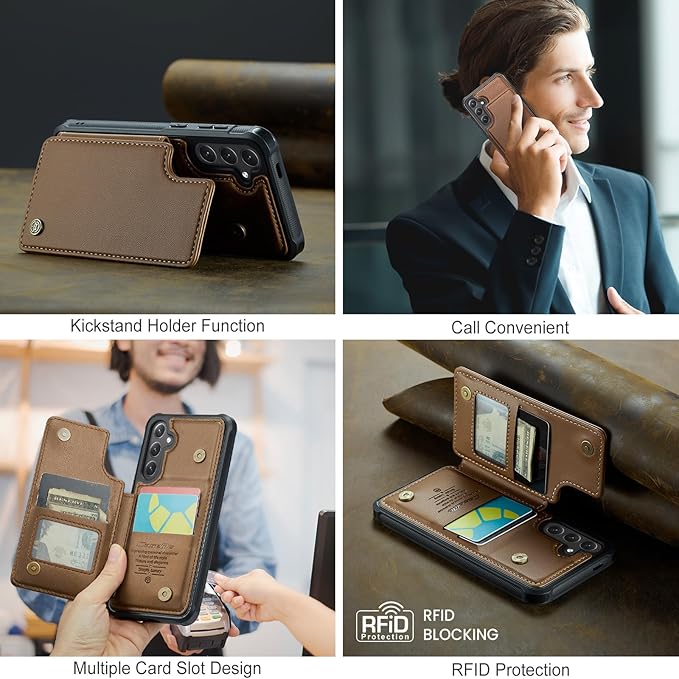 Bemal for Samsung Galaxy S25 Wallet Case with Card Holder, RFID Blocking, Shockproof Leather Kickstand for Men and Women, Durable Protective Phone Cover for 6.2", Brown