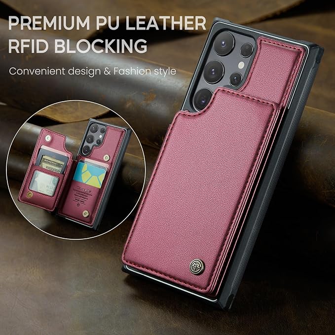 Bemal for Samsung Galaxy S24 Ultra Wallet Case with Card Holder, RFID Blocking, Shockproof Leather Kickstand for Men and Women, Durable Protective Phone Cover for 6.8", Wine Red
