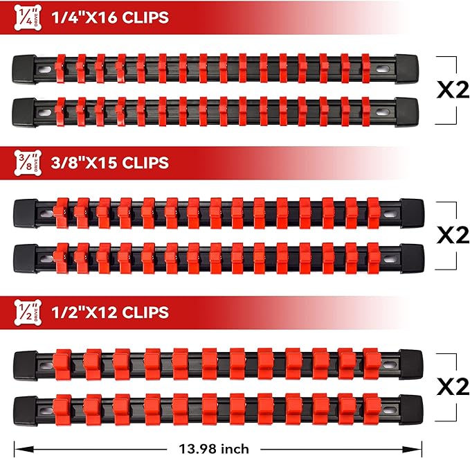 ALOANES 12PC ABS Socket Organizer, Socket Rails Fit 1/2 inch, 3/8 inch and 1/4 inch Drive, Heavy Duty Socket Holders Hold up to 172 Sockets, Black Rails with Red Clips