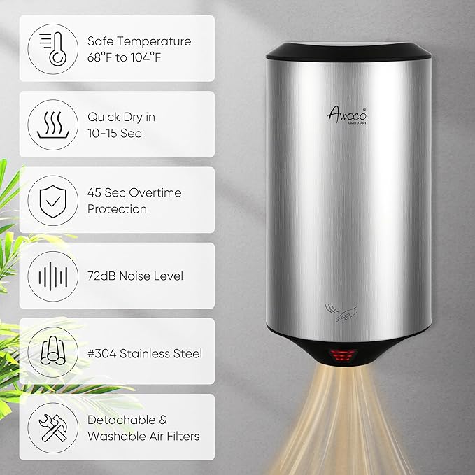 Awoco Round Compact Stainless Steel 1350W 120V Automatic High Speed Commercial Hand Dryer, UL Listed