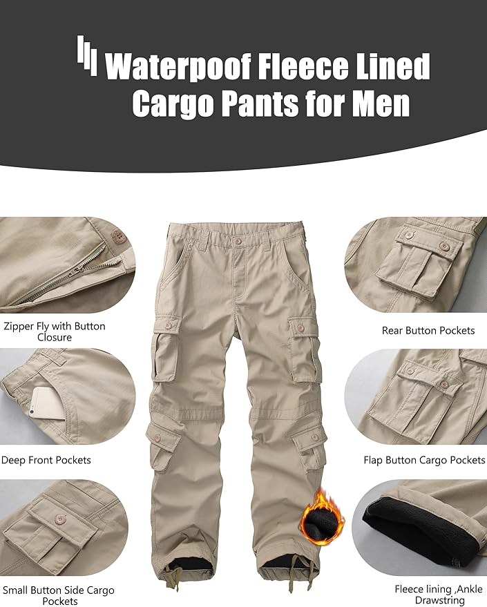 KOCTHOMY Men’s Fleece Lined Hiking Pants,Winter Outdoor Thermal Casual Work Cargo Pants with Multi Pockets, No Belt.