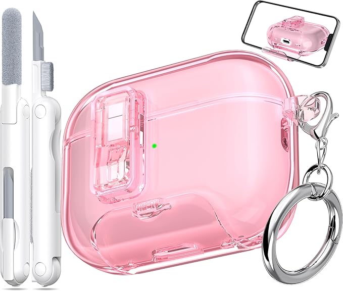 for AirPods Pro 2nd Generation Case, Military-Grade Shockproof Transparent Anti-Yellowing, Charging Port Dust-Proof & Stand Design with Cleaning Kit for AirPods Pro 2nd Case, Crystal Pink