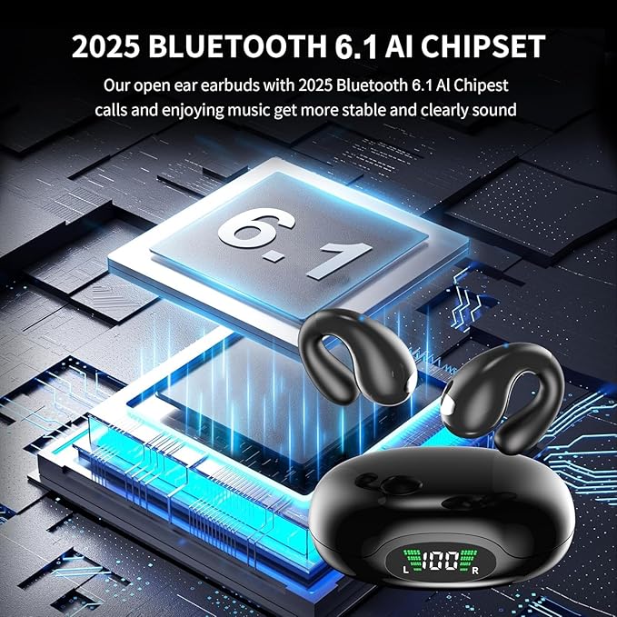 Open Ear Earbuds, Clip on Earbuds Bluetooth 6.1 Wireless Bone Conduction Earbuds with LED Power Display, 50H Playtime Sport Headphones with Stable Earhook for Running Workout Cycling