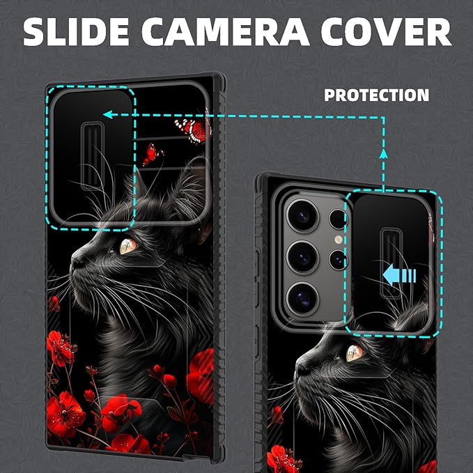 for Galaxy S25 Ultra Case Built in Slide Camera Lens Cover,Heavy Duty Shockproof Protection Dual Layer Case for Samsung Galaxy S25 Ultra 6.9" 2025,Black Cat Flowers and Butterflies