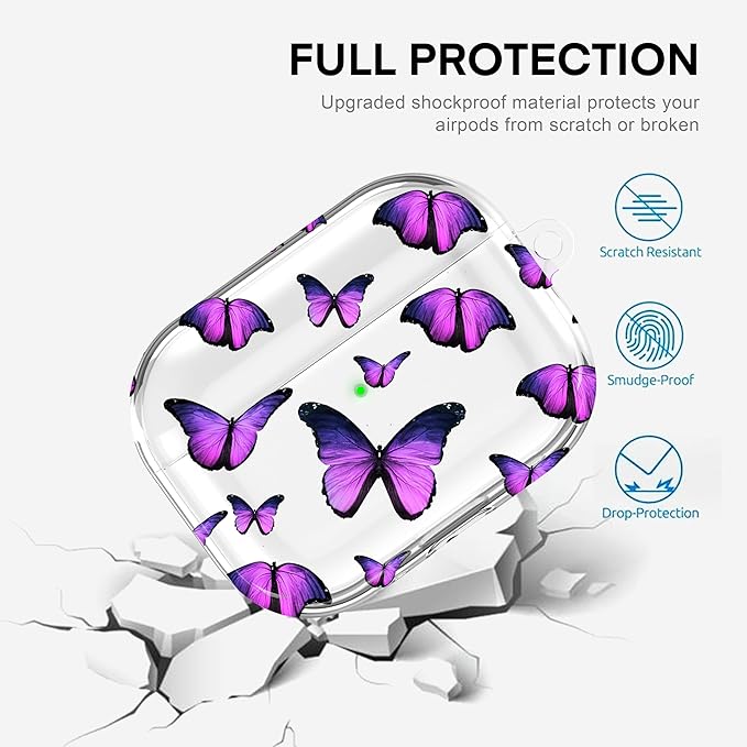Maxjoy for AirPods Pro 3rd Generation Case, Clear AirPods Pro 3 Case for Women Girly Cute Soft AirPod Pro 3 Cover with Keychain Strap for AirPod Pro 3rd Gen Cover 2025, Purple Butterfly