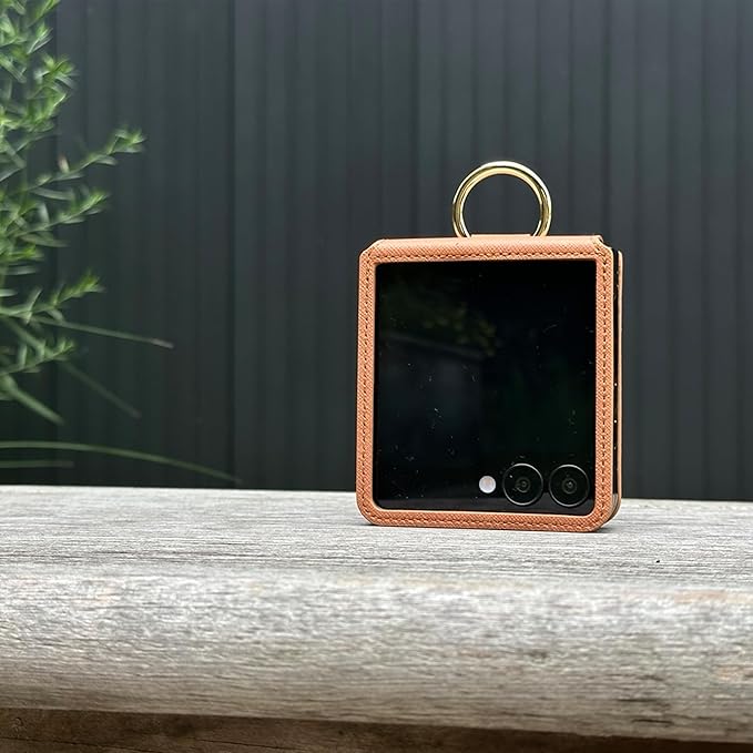 [BeYourSanta] Galaxy Z Flip 7 Case with Ring - Avant-Garde Handmade Saffiano Vegan Leather Case, Anti-Scratch Hinge Protection, Made in Korea (1 Pocket, Saddle Brown)