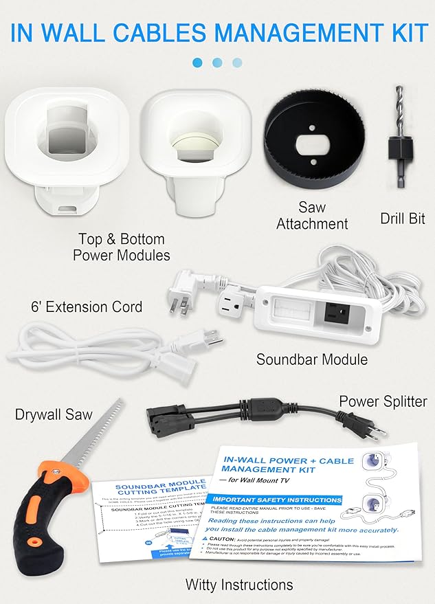 in-Wall Cable Management Kit for TV & Soundbar - Conceal Power & AV Cables, Includes Hole Saw Drill Attachment & Drywall Hand Saw for Easy Installation