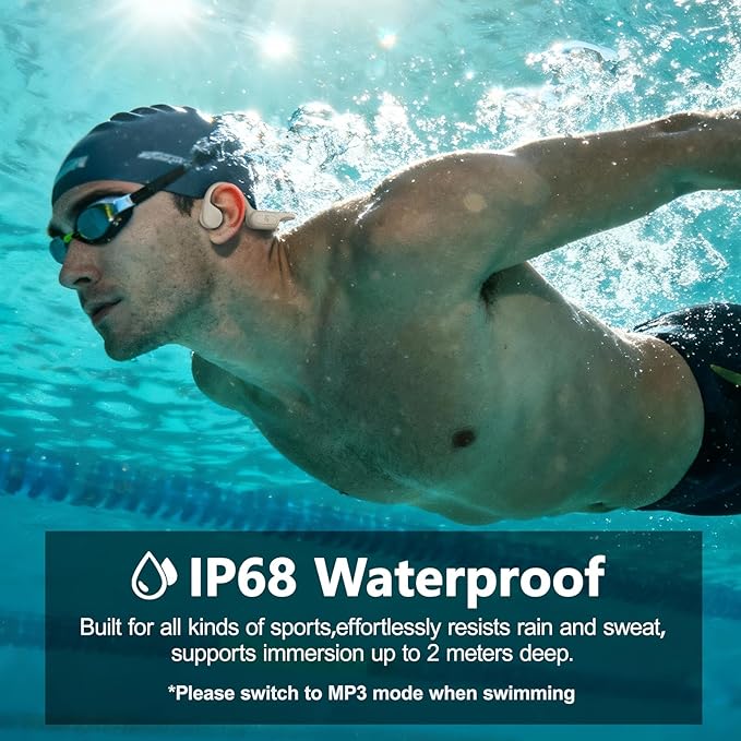 Bone Conduction Headphones IPX8 Waterproof Swimming Headphones Open Ear Headphones with MP3 Mode 32GB Memory 8H Playtime Bluetooth 5.4 Ear Buds Secure Fit for Running and Fitness (Apricot)