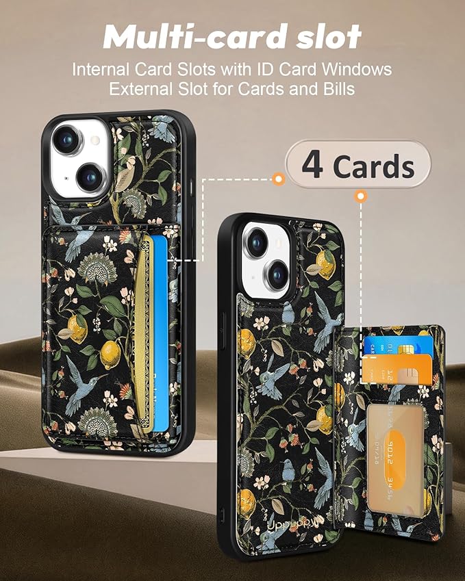 for iPhone 15 Case with Wallet - Fits 4 Card Slots, Compatible with MagSafe for Women Aesthetic Durable PU Leather Credit Card Holder Kickstand Phone Cover for Apple 15, Lemon Bird