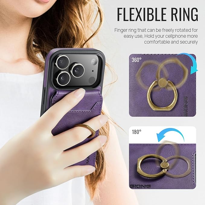 Wallet Case for iPhone 17 Pro, 2 in 1 Strong Magnetic Detachable, Shockproof Phone Case Compatible with MagSafe, Slim Leather Wallet RFID Blocking 5-Card Holder Ring Grip Stand (Purple)
