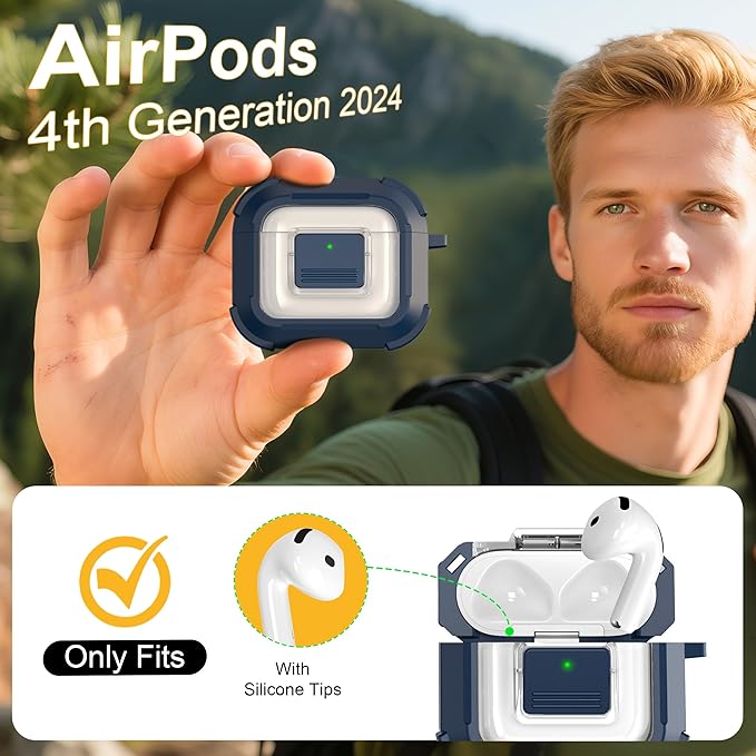 RFUNGUANGO for AirPods 4 Case, Compatible with AirPods 4th Generation Case (2024), Compatible with MagSafe, Magnetic Automatic Lock with Cleaner Kit and Keychain, Front LED Visible, Blue