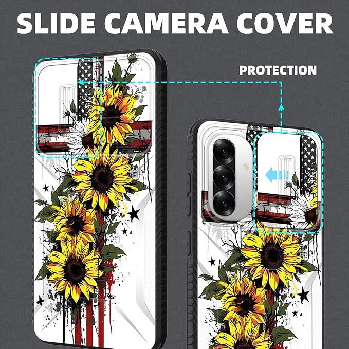 for Galaxy A36 5G/A56 5G Case Built in Slide Camera Lens Cover,Heavy Duty Shockproof Protection Dual Layer Case for Samsung Galaxy A36 5G/A56 5G 6.7" 2025,Cross American Flag Sunflower
