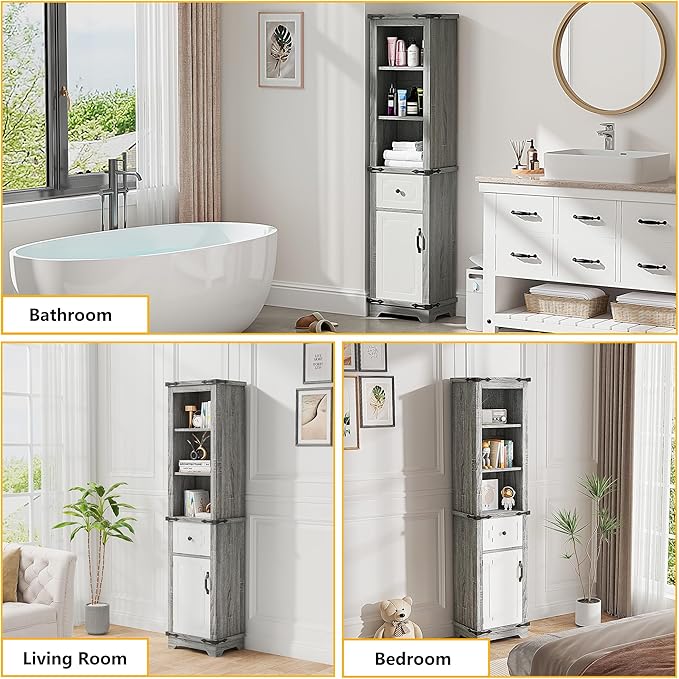 63 Inch Tall Corner Cabinet, Modern Corner Storage Cabinet with Door & Adjustable Shelves & Drawers, Anti-Tipping Free Standing Linen Tower for Bedroom, Bathroom, Kitchen, Pantry (Grey)