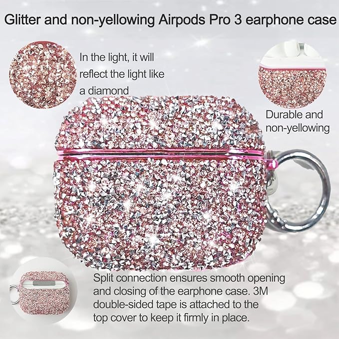 for Glitter AirPods Pro 3 Case 2025| Cute Bling Hard Air Pods Pro 3 Case (Model A2700/A2931) | with Keychain | Sparkly Rhinestone iPods Pro 3 Cases for Women Girl(Pink)