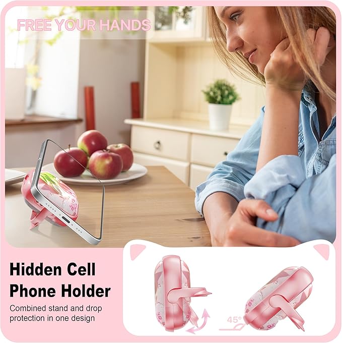 RFUNGUANGO AirPods 4 Case for Women Girly Cat Case with Lock, Phone Stand, Keychain & Cleaner Kit, Compatible with Apple Airpods 4th Generation Case Cover, Pink Tulip