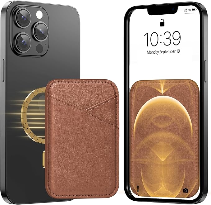 Miroddi for MagSafe Wallet, Magnetic Wallet Card Holder for iPhone 16/15/14/13/12 Series, 0.12" Invisible Ultra-Thin Magnetic Phone Wallet, 2 Independent Card Slot, Vegan Leather, Brown