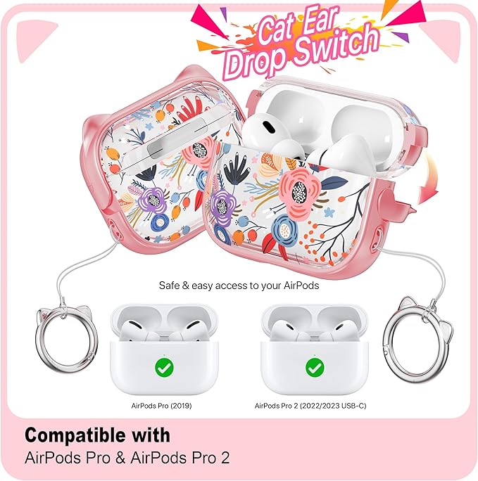 RFUNGUANGO AirPods Pro Case for Women Girly Cat Case with Lock, Phone Stand, Keychain & Cleaner Kit, Compatible with Apple Airpods Pro 2nd/1st Generation Case Cover, Pink Flower
