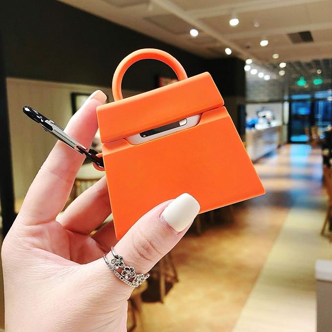 Case Compatible with AirPods Pro, Girls Creative Fashion Mini Handbag Purse Earbud Case, Stylish Soft Silicone Wireless Earphone Protection Charging Cover for AirPods Pro +Hook -Orange