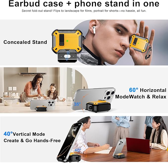 RFUNGUANGO Compatible with Airpods Pro Case 2nd / 1st Generation Protective Case, Compatible with MagSafe, with Cleaning Kit & Keychain,Phone Stand,Magnetic Automatic Lock, Visible LED, Yellow
