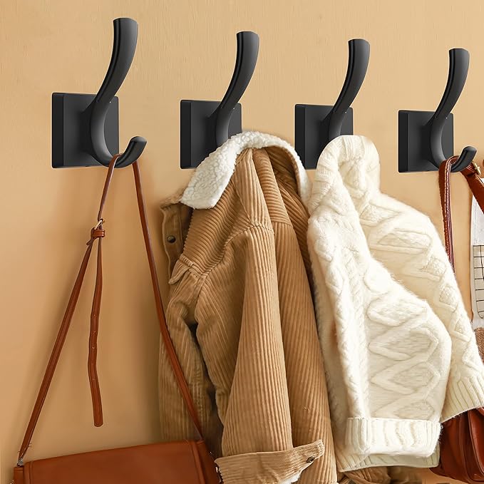 Black Hooks for Wall Towel Hooks, Heavy Duty Thick Aluminum Alloy Entryway Coat Hooks for Hanging Key Robe Hat Backpack, Wall Mount Towel Hooks Bath Kitchen Garage Hooks(4 Pack, Black)
