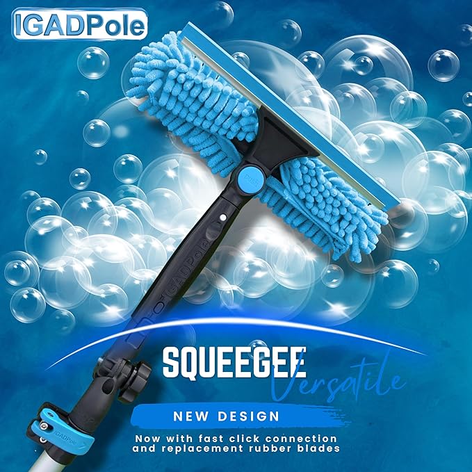 28ft IGADPole Washing Kit: Water-fed Brush, Cobweb Duster and 10” Squeegee and Soap Dispenser, Window Cleaning Pole, Water Fed Telescopic Brush, Window Cleaner Kit, Blue