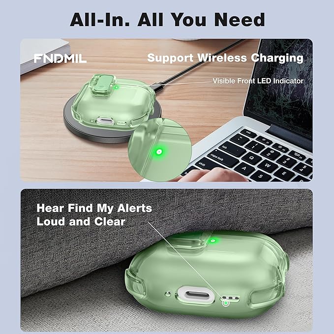 Clear Case for AirPods 4 Case Cover with [Lock Safety & Pop Up][Military Shockproof] Anti-Yellow Transparent Soft TPU Wireless Charging for AirPods 4th Generation Case with Keychain,Clear Green