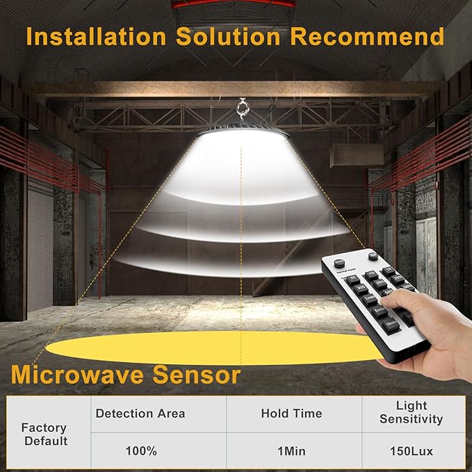 Smart 200W HIgh Bay LED Lights with Smart Controller Supports Normal Mode & Motion Sensor Mode(Energy Saving) ETL Listed UFO Lights for 25-35FT Warehouse-4Pack