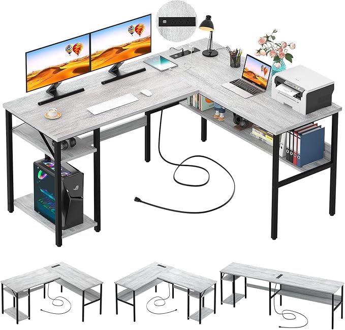 Unikito L Shaped Computer Desk with Magic Power Outlets and USB Charging Ports, Sturdy Reversible Corner Desk with Storage Shelves, Modern Work Desk for Home Office, Easy to Assemble, White Oak