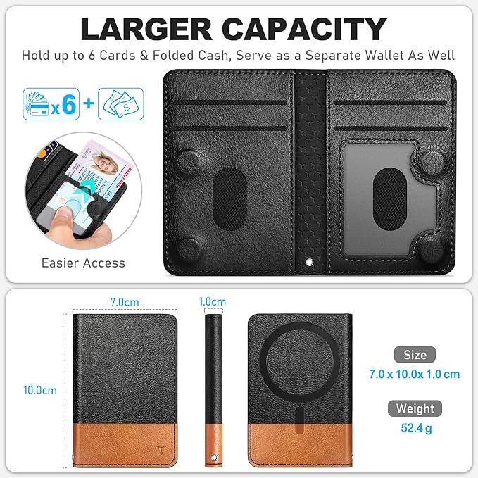 TUCCH for Magsafe Card Holder with Clear ID Window, Fit 6 Cards, RFID Blocking PU Leather Magnetic Phone Wallet for iPhone 17/16/15/14/13/12/Plus/Air/Pro/Pro Max Series, Textured Black & Light Brown