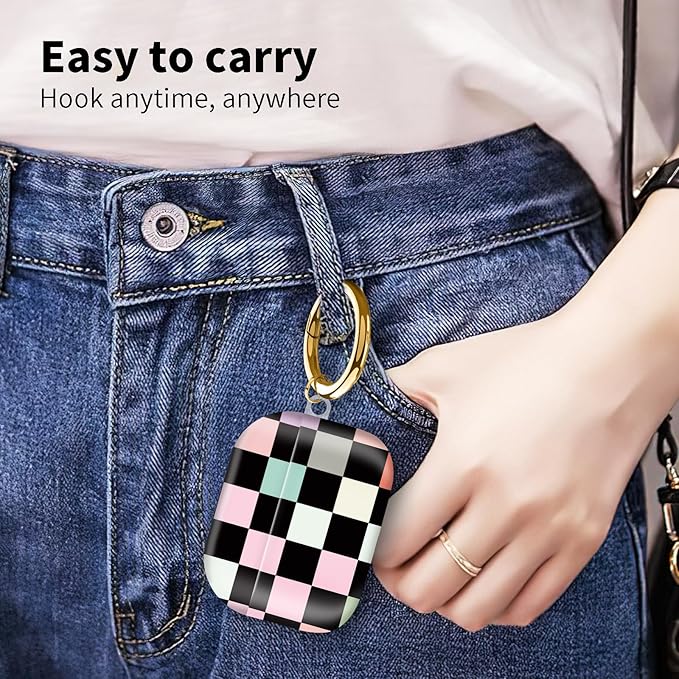 Compatible with Airpod pro 2nd/1st Generation Case Cover with Gold Round Keychain Cute Pattern Hard & Anti Slip Cover for Men Women & Girls（Colorful Squares）