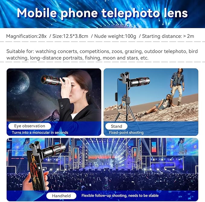 Cell Phone Camera Lens Kit Upgraded Version Telephoto 28X with Wide Angle 0.6X, Macro 20x, Fisheye 198°, Phone Lens Attachment Suitable for Most Smartphones (Black)