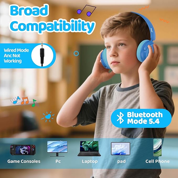 MIDOLA Kids Wireless Headphones Active Noise Cancelling Lightweight Bluetooth Headphone for Kid,Volume Limited 85/94dB Foldable Over-Ear Headset with Mic,68 Hours Playtime,for Toddler Child Blue