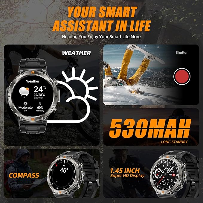 Military Smart Watches for Men Built-in GPS with LED Flashlight Compass, 3ATM Waterproof Rugged Tactical Smartwatch with Text and Call, 1.45" HD Fitness Tracker with HR SPO2 Monitor for iPhone Android