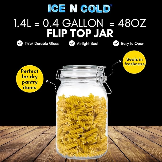 Airtight Glass Storage Jars with Clamp Lid – Food Storage Containers with Rubber Gasket Seal – Pantry & Kitchen Canisters for Dry Goods, Coffee, Sugar, Pasta – 0.4L to 4L Sizes (4, 48oz | 1.4L)