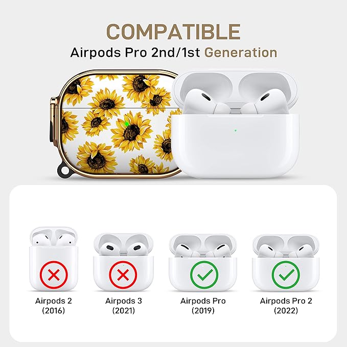 Maxjoy for AirPods Pro 2nd/1st Generation Case with Lock, Cute AirPods Pro 2 Case Lock Protective Hard AirPod Pro Cover for Women Girly with Keychain for Airpod Pro (2023/2022/2019), Sunflower